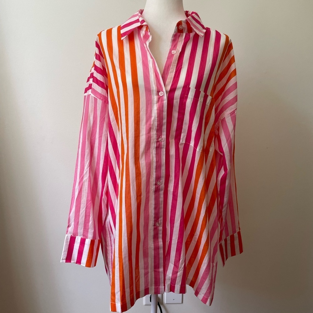BEACH RIOT Alexa Stipe Top Button Up Coverup New Without Tag Pink Orange White - Picture 3 of 10
